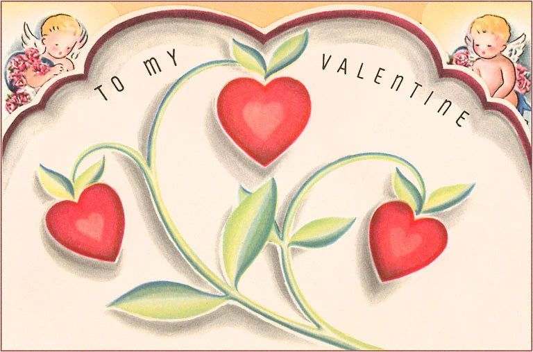 To My Valentine, Heart Flowers and Cupids - Vintage Image - Found Image Postcard