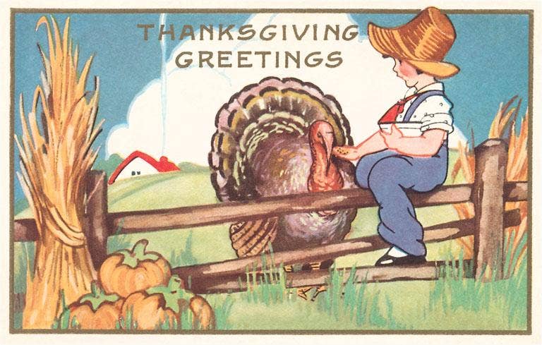 Child on Fence Feeding Turkey - Vintage Image, ThanksGiving Postcard