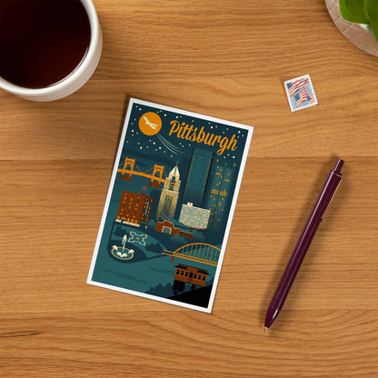 Pittsburgh Pennsylvania Retro Skyline - Lantern Press Postcard