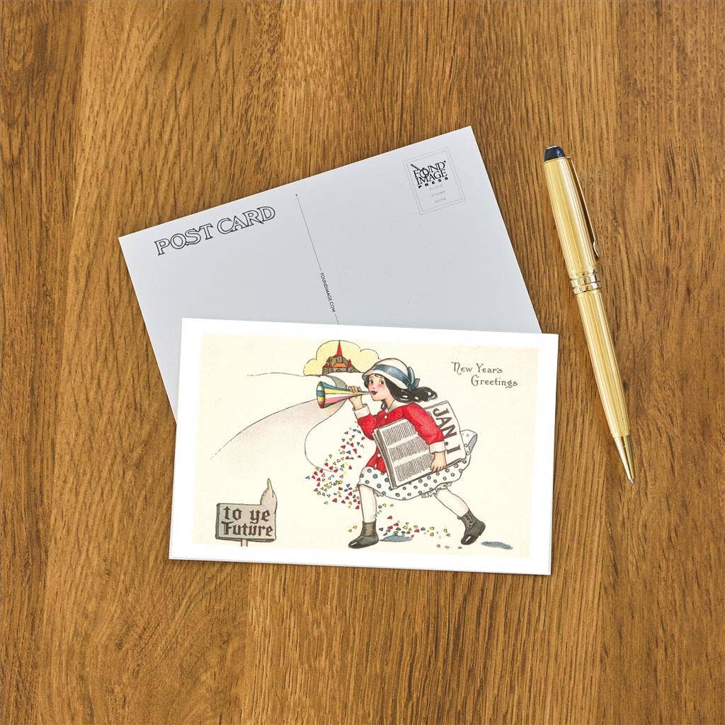 New Year's Greetings, To Ye Future, Newsgirl - Found Image postcard
