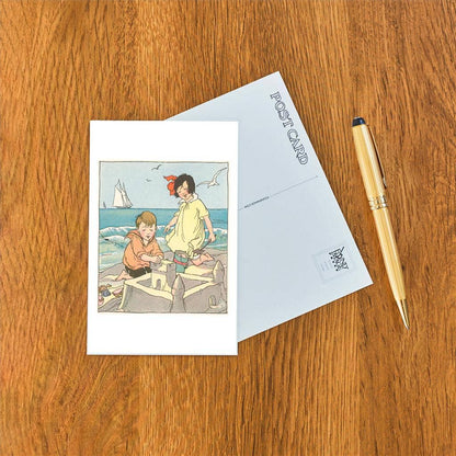 Children Building Sand Castle - Found Image postcard