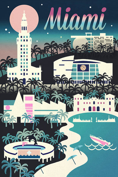 Miami, Florida - Retro Skyline Chromatic Series - Lantern Press Postcard