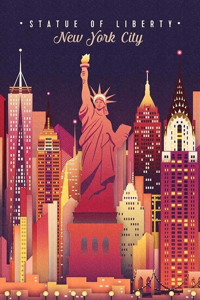 New York City, New York - Statue of Liberty - Neon Skyline - Lantern Press Postcard