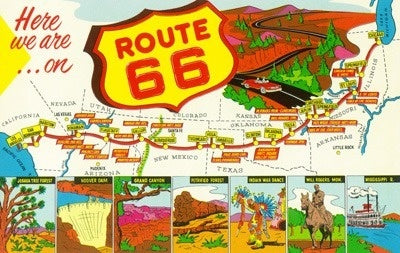 Map of Route 66 from Los Angeles to Chicago - Vintage Advertisement - Lantern Press Postcard