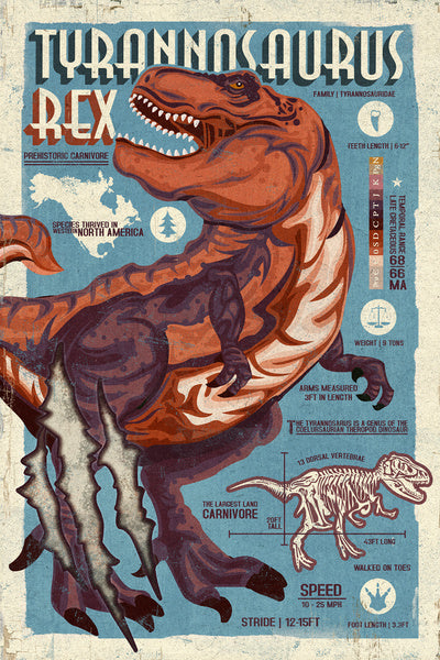 Tyrannosaurus - Dinosaur Infographic - Distressed Version  - Lantern Press Postcard