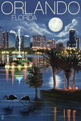 Orlando, Florida - Skyline at Night - Lantern Press Postcard