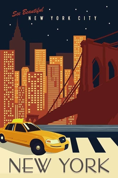 New York City, New York - Vector - Taxi & Skyline Across Water - Lantern Press Postcard