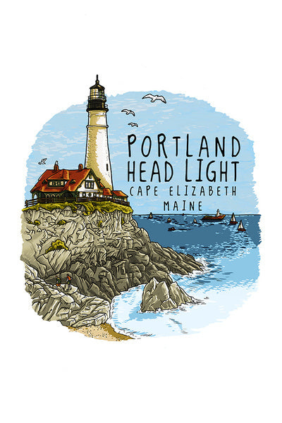 Portland Head Lighthouse, Maine - Line Drawing - Contour - Lantern Press Postcard