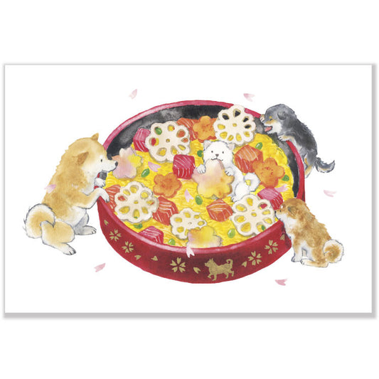 Shiba Inu and Sakura Chirashi Sushi - Natsuka Murata Postcard