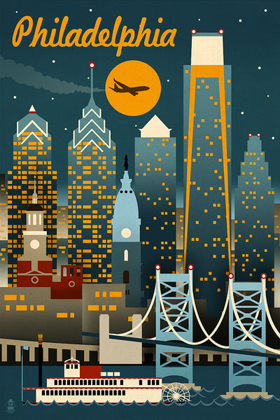 Philadelphia, Pennsylvania - Retro Skyline - Lantern Press Postcard
