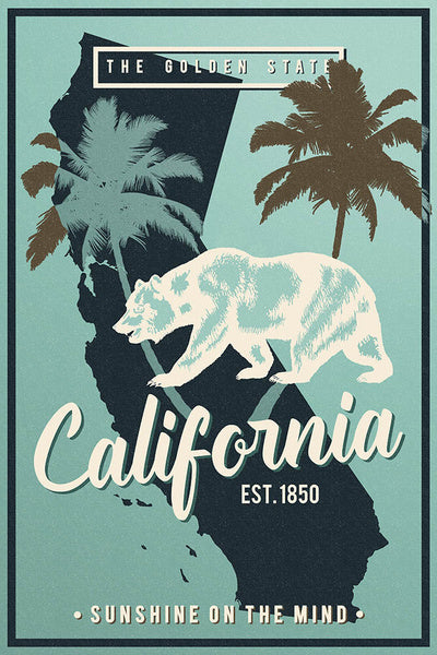 California - State Outline & Bear - Sunshine on Mind - Urban Traveler - Lantern Press Postcard