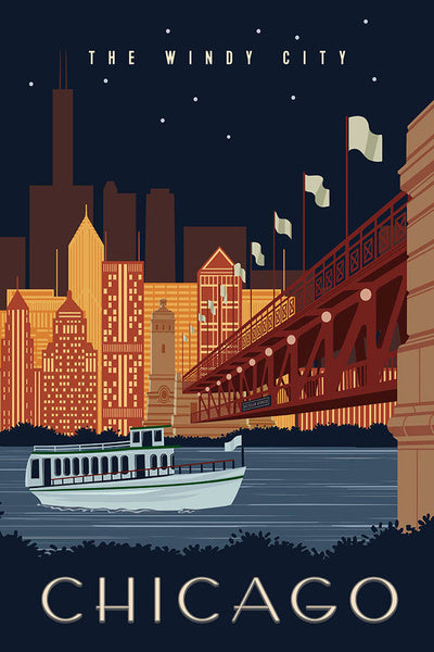 Chicago, Illinois - Vector - Ferry & Skyline Across Water - Lantern Press Postcard