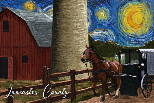 Lancaster County, Pennsylvania - Farm Scene - Starry Night - Lantern Press Postcard