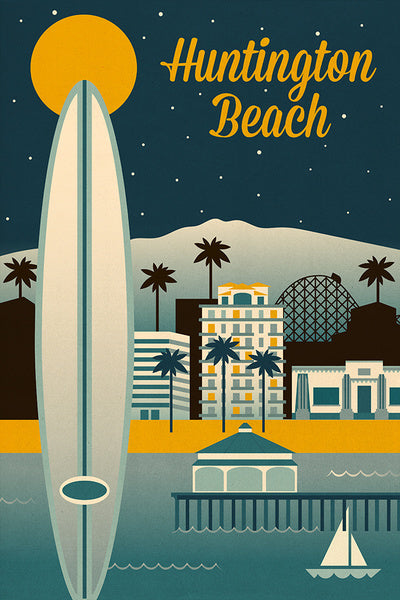 Huntington Beach, California - Retro Skyline Classic Series - Lantern Press Postcard