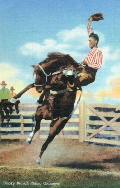 Western Americana - Rodeo Scenes; Smoky Branch Riding a Bucking Glasseye - Lantern Press Postcard