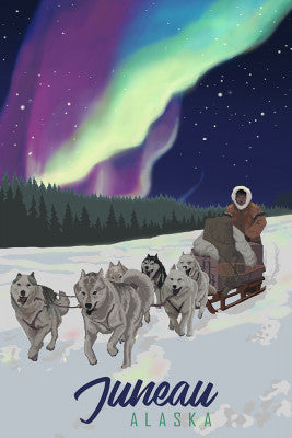 Juneau, Alaska - Northern Lights - Dog Sled  - Lantern Press Postcard