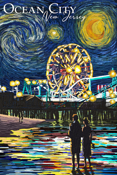 Ocean City, New Jersey - Pier - Starry Night - Lantern Press Postcard