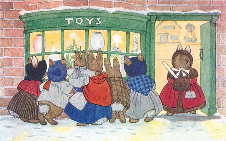 Bunnies at Toy Shop - Found Image postcard