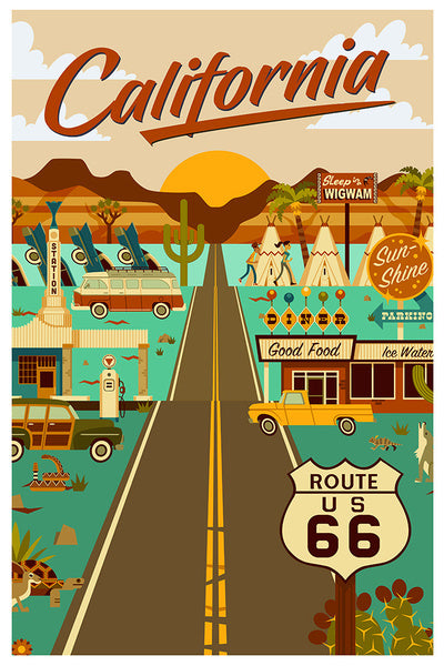 California - Route 66 - Geometric - Lantern Press Postcard