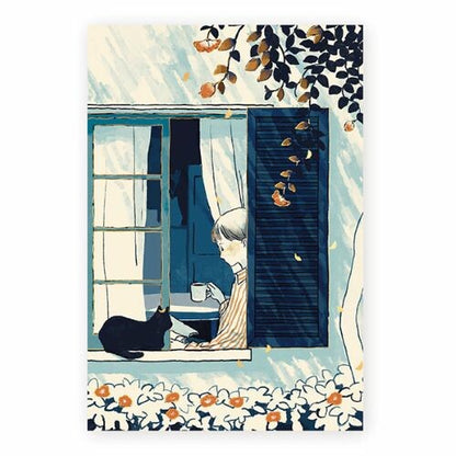 window, coffee - Cozya Products - foil-stamped postcard