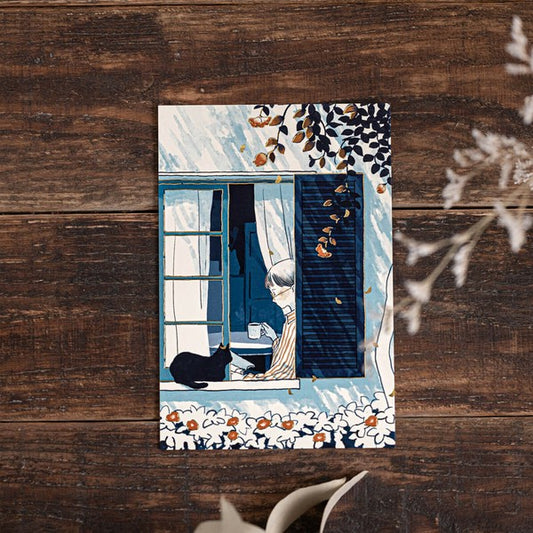 window, coffee - Cozya Products - foil-stamped postcard