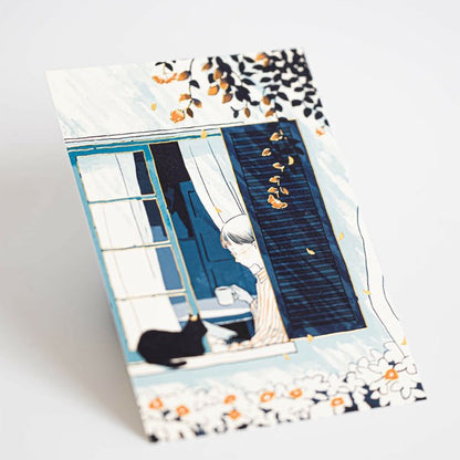 window, coffee - Cozya Products - foil-stamped postcard