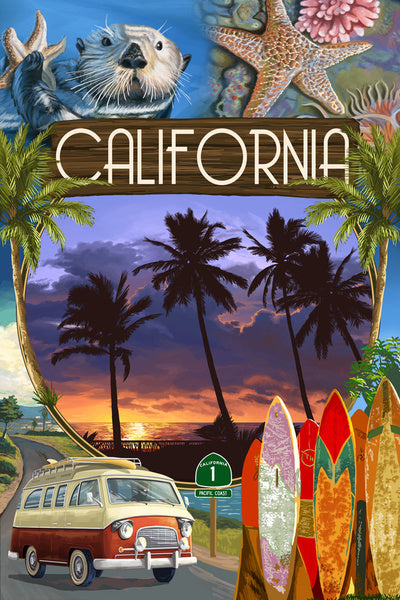 California - Montage with Camper Van - Lantern Press Postcard