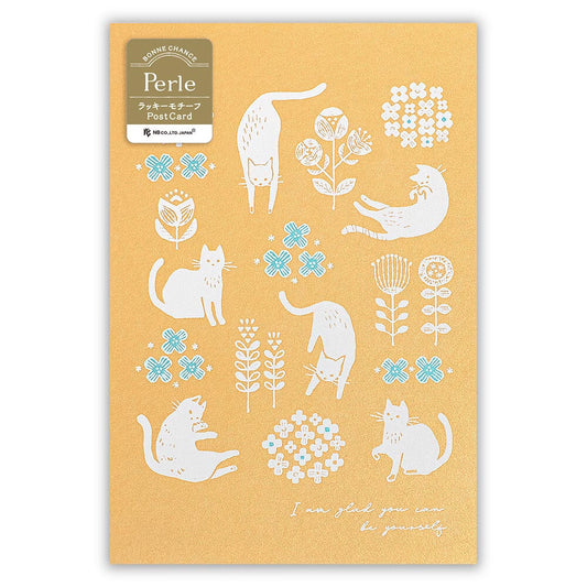 White Cat and Flowers - pearlescent postcard - NB.co