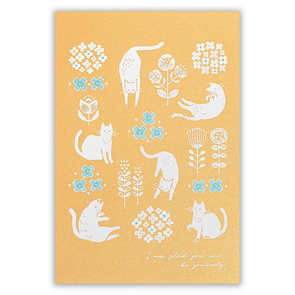 White Cat and Flowers - pearlescent postcard - NB.co