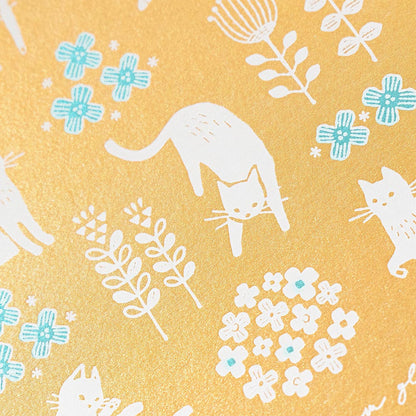 White Cat and Flowers - pearlescent postcard - NB.co