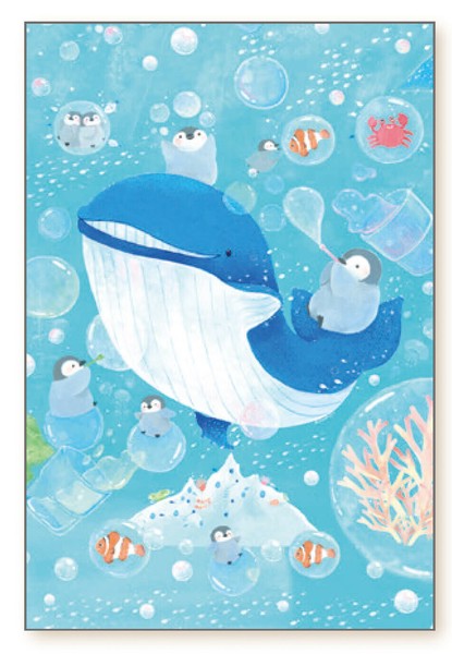 Whale and penguin sea-colored soap bubble - Asano Yoshida Postcard