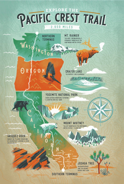 Explore the Pacific Crest Trail - Traveler's Map  - Lantern Press Postcard