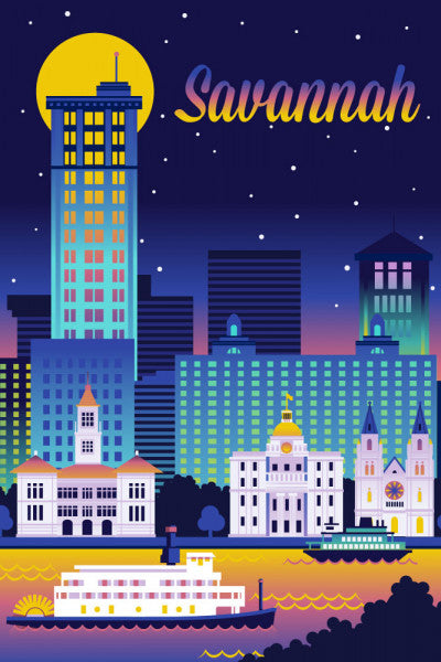 Savannah, Georgia - Retro Skyline Chromatic Series - Lantern Press Postcard