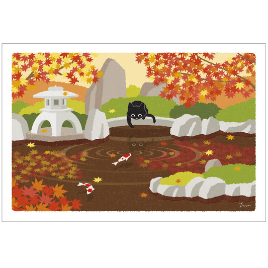 Koi in the garden - Tabineko Traveling Cat postcards - Autumn