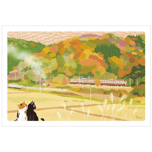 Autumn Color Patchwork - Tabineko Traveling Cat postcards - Autumn