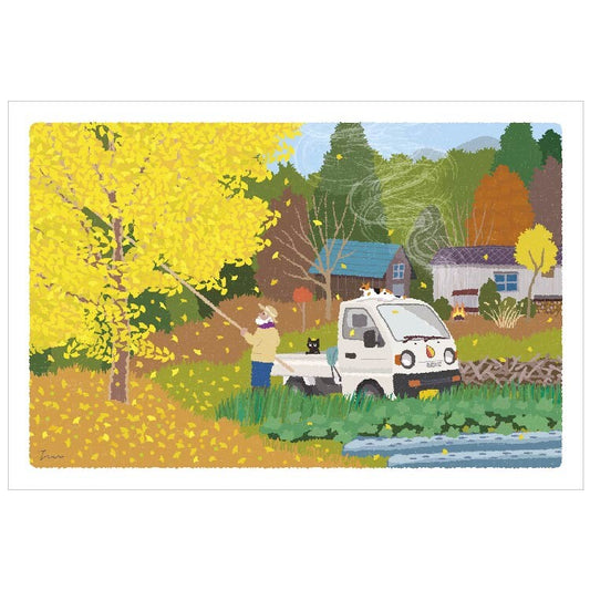 Gingko Drop - Tabineko Traveling Cat postcards - Autumn