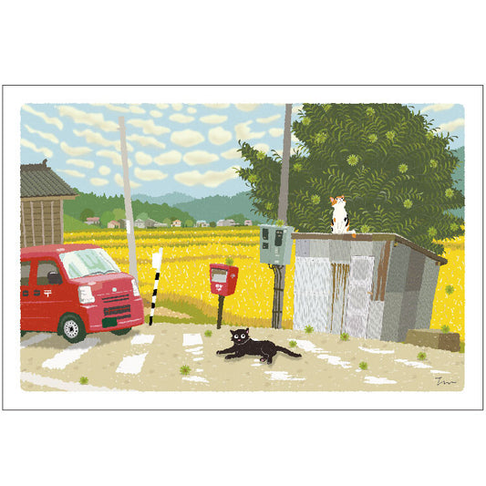 A chestnut tree and a mail truck - Tabineko Traveling Cat postcards - Autumn