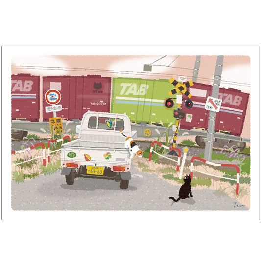 Railroad Crossing and Freight Train - Tabineko Traveling Cat postcards - Autumn