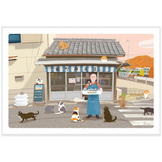 Fresh fish store in Nekomachi - Tabineko Traveling Cat postcards - Autumn