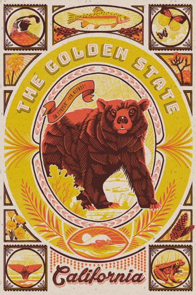 California - Woodcut Menagerie Series - The Golden State - Lantern Press Postcard