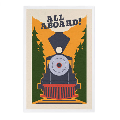 Train, All Aboard, Woodblock - Lantern Press Postcard