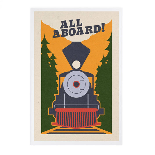 Train, All Aboard, Woodblock - Lantern Press Postcard