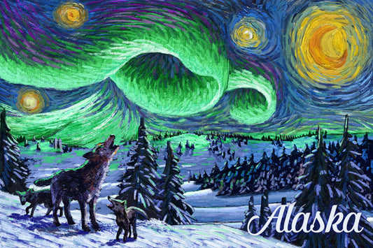 Alaska - Northern Lights with Wolf and Cubs - Starry Night - Lantern Press Postcard