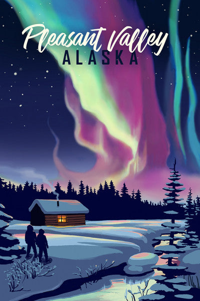 Pleasant Valley, Alaska - Northern Lights & Cabin - Two People  - Lantern Press Postcard