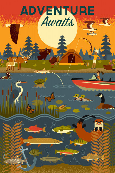Lake & River - Geometric - Lantern Press Postcard