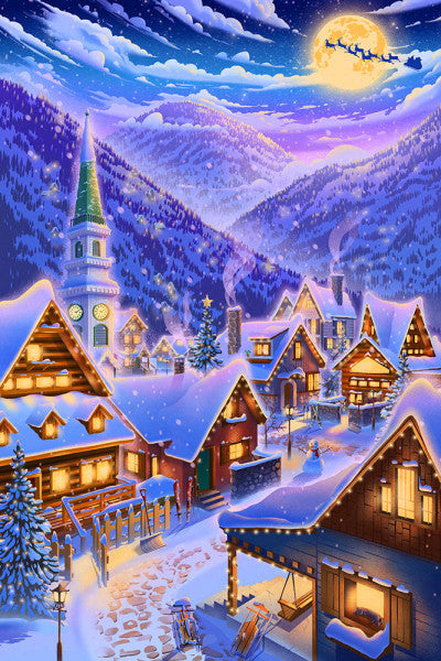 Sleepy Winter Village - Lantern Press Postcard