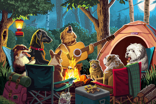 Painterly - Pack Life - Dogs Around Campfire - Lantern Press Postcard