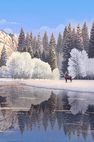 Lithograph - Lone Deer By Snowy Lake - Lantern Press Postcard