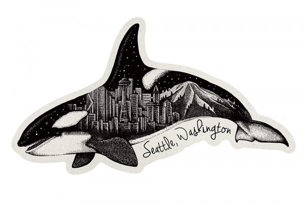 Orca & Seattle Skyline Double Exposure - Texture - vinyl sticker - Lantern Press