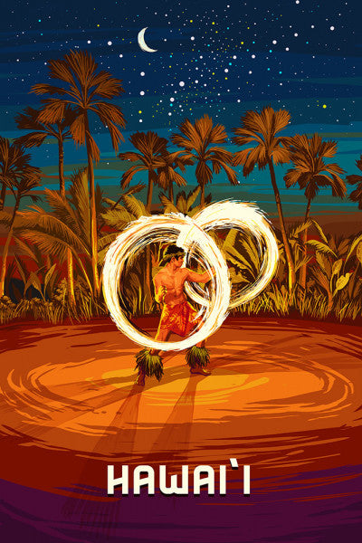 Hawai'i - Painterly - Fire Poi - Lantern Press Postcard